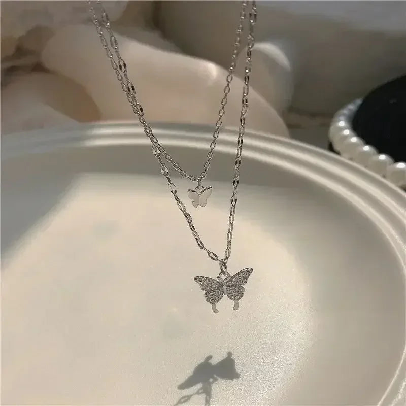 Collar de mariposa de plata para mujer, collar con colgante de circón de cristal para mujer y niña, collar de cadena de cristal, joyerÃa de fiesta