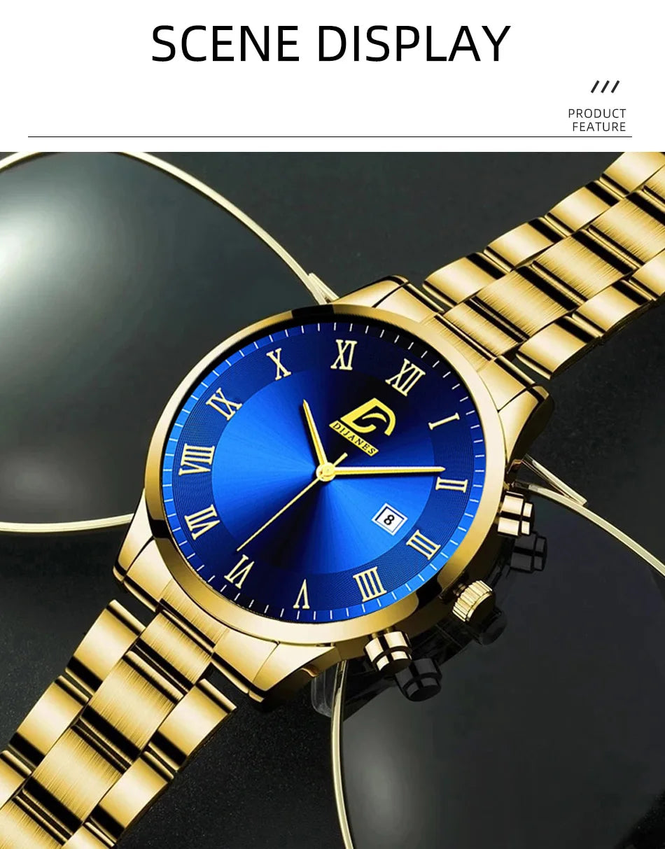 Relojes de acero inoxidable dorados a la moda para Hombre, Reloj de pulsera de cuarzo minimalista de lujo, Reloj con calendario informal de negocios para Hombre