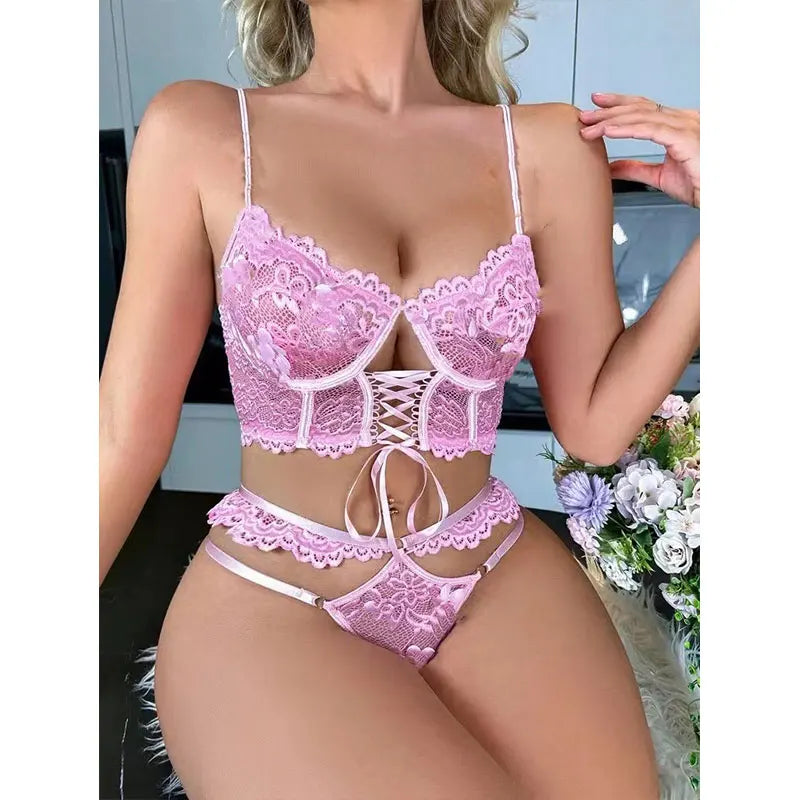 Sujetador erótico transparente de 2 piezas con aros para mujer, lencerÃa Sexy de encaje, traje elegante, conjunto de ropa interior romántica, conjuntos de sujetador y bragas