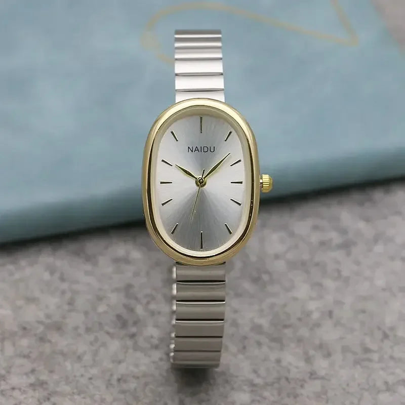 Reloj de cuarzo ovalado con esfera pequeña para mujer, correa de bambú de acero inoxidable, reloj de pulsera de regalo de lujo a la moda para estudiantes y niñas, envío directo