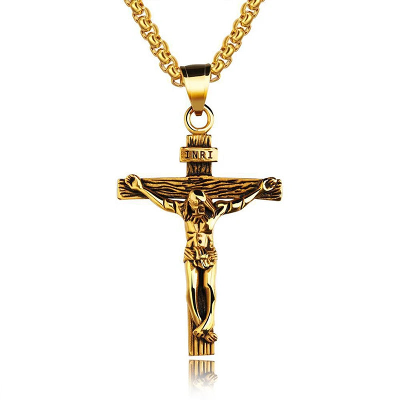 Collar religioso de acero inoxidable con cruz de Jesús para hombres, colgante de cruz de Color dorado y plateado con cadena, regalo de joyerÃa