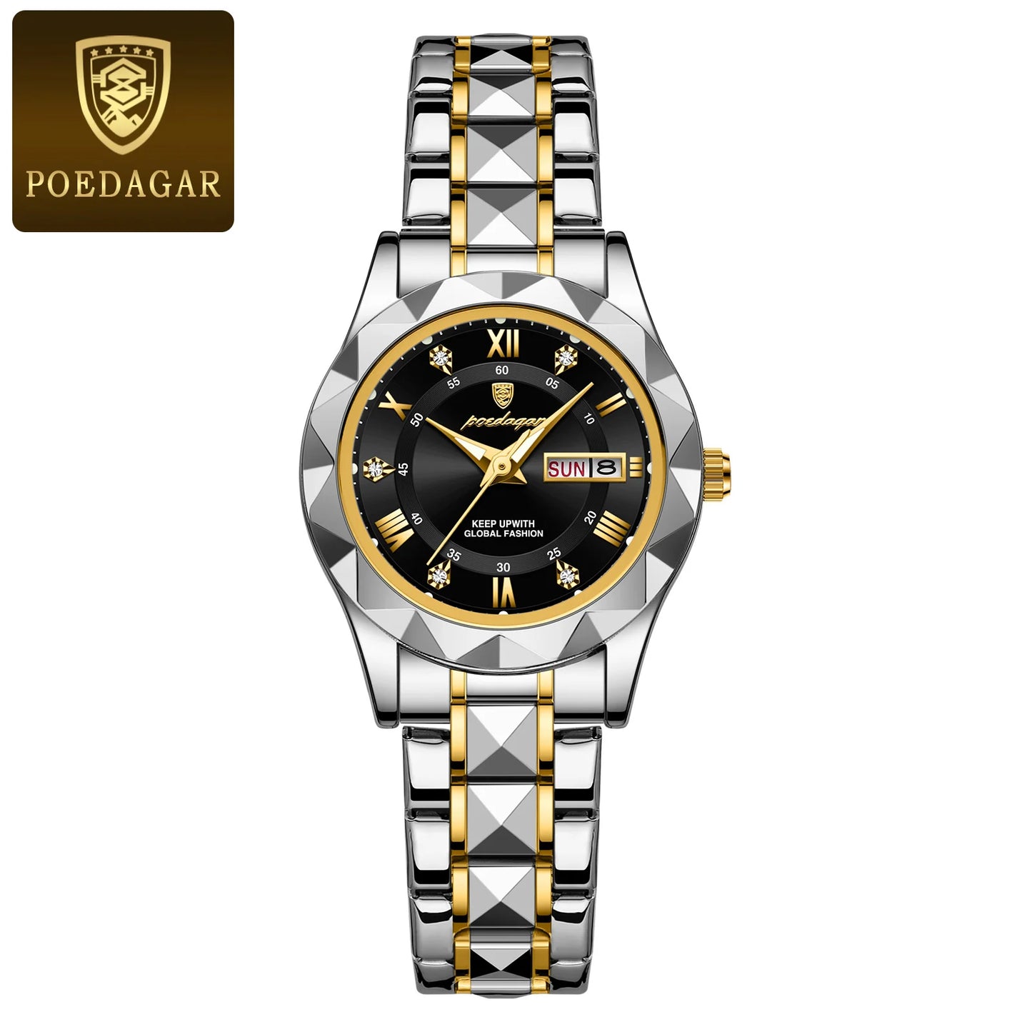 POEDAGAR, reloj de lujo para mujer, luminoso, resistente al agua, con fecha semanal, reloj de pulsera para mujer, relojes de cuarzo de acero inoxidable para mujer, reloj + caja