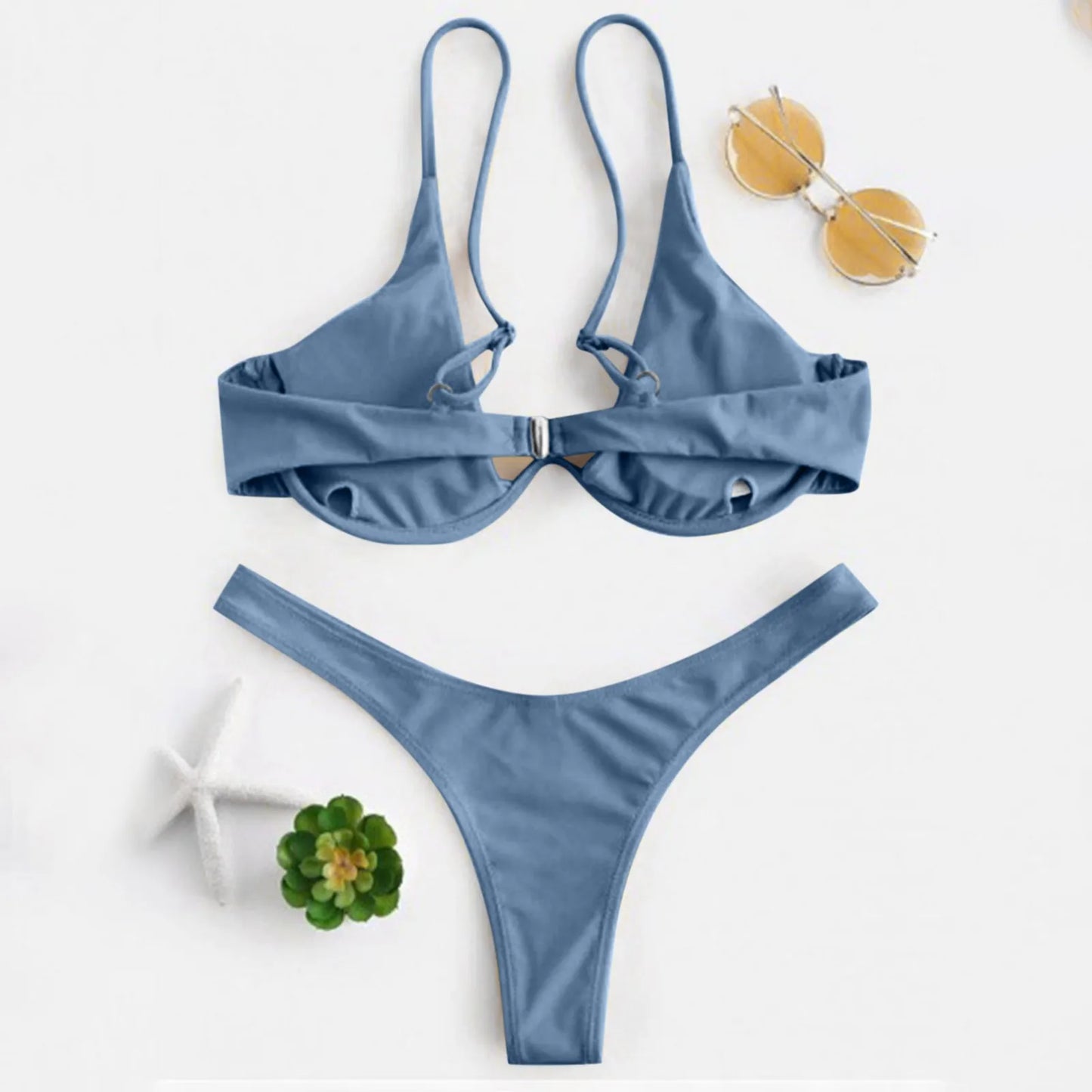 Bikini Sexy con aros para Mujer, traje de baño rojo liso con sujetador de realce, Tanga, traje de baño con cuello Halter y cuello de pico, Mini microtanga 2024