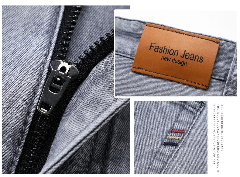 Pantalones vaqueros finos de algodón elástico para hombre, pantalón informal, recto, cómodo, color gris, a la moda, para verano
