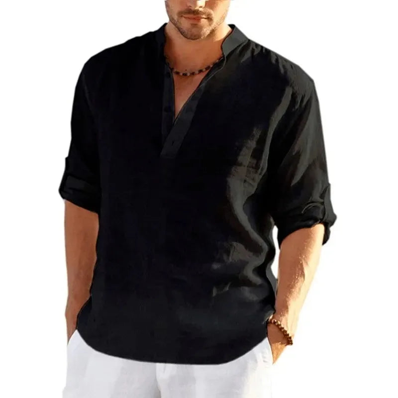 Nueva camiseta de manga larga de lino para hombre, camisa holgada informal transpirable de Color sólido, camisas de algodón para hombre, ropa de calle ligera de diseñador