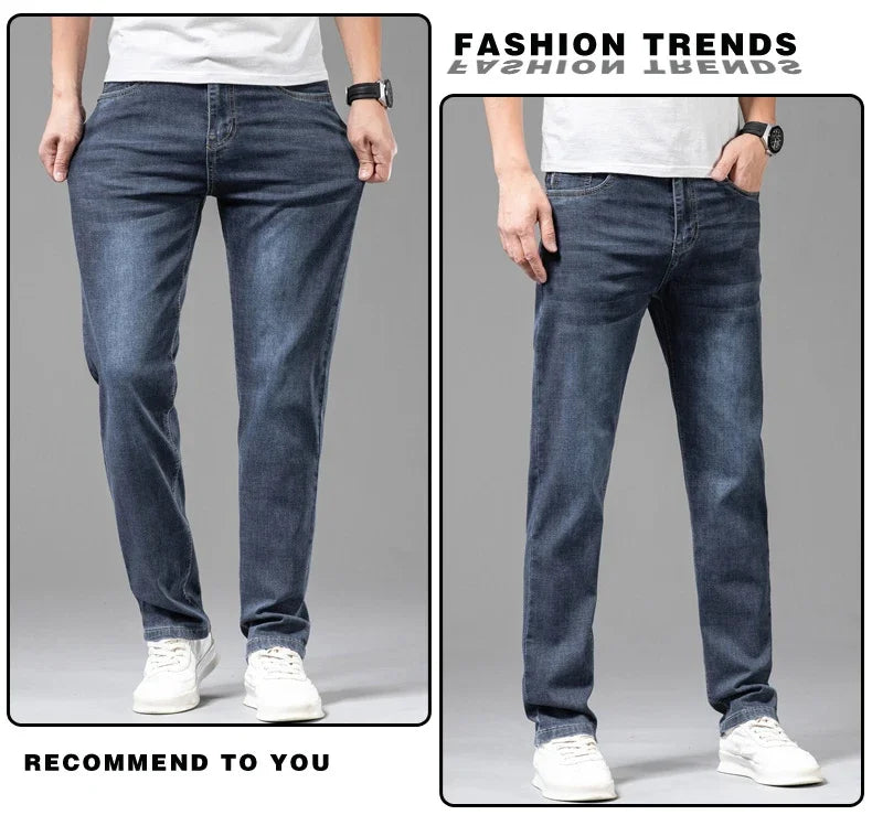 Pantalones vaqueros finos de algodón elástico para hombre, pantalón informal, recto, cómodo, color gris, a la moda, para verano