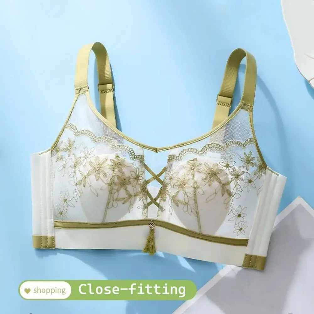 Sujetador de encaje con borlas y pechos recogidos para mujer, sujetador de malla fino a prueba de golpes, sin costuras, lencería transparente, ropa interior push-up