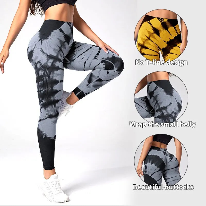 Mallas deportivas sin costuras para mujer, pantalones de Yoga de cintura alta, efecto Tie Dye, para entrenamiento, realce de glúteos, para gimnasio
