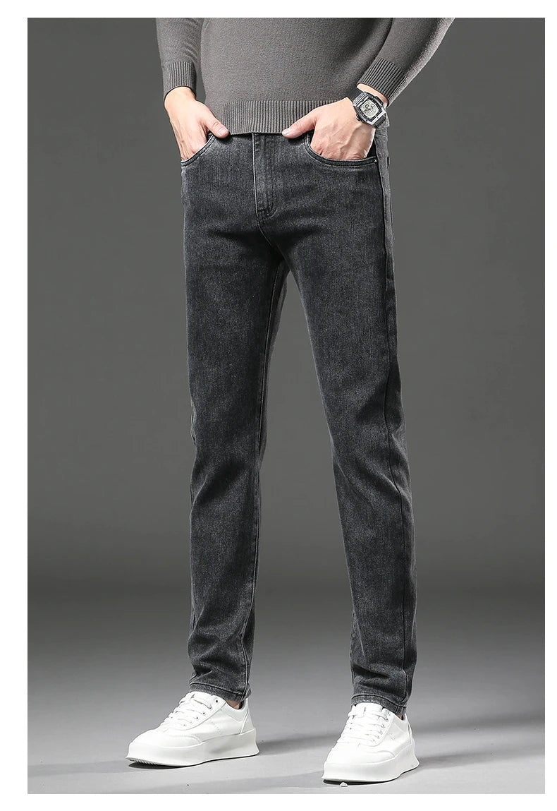 Pantalones vaqueros gruesos y cálidos de lana de invierno para hombre, pantalones vaqueros elásticos rectos ajustados, ropa informal para hombre, pantalones de felpa a la moda