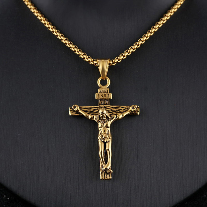 Collar religioso de acero inoxidable con cruz de Jesús para hombres, colgante de cruz de Color dorado y plateado con cadena, regalo de joyerÃa