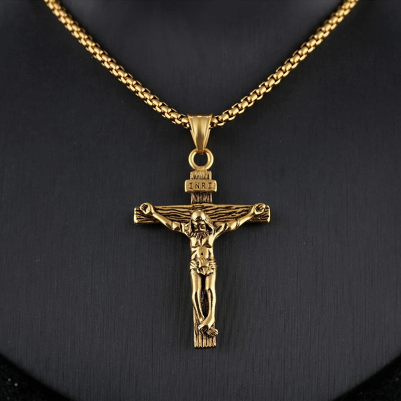 Collar religioso de acero inoxidable con cruz de Jesús para hombres, colgante de cruz de Color dorado y plateado con cadena, regalo de joyerÃa