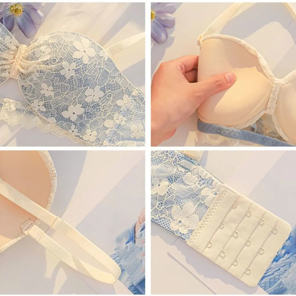 Sujetador inalámbrico de malla ajustado para mujer, sujetador antiflacidez de encaje Floral dulce con escote en V profundo, lencería con pechos recogidos, regalos
