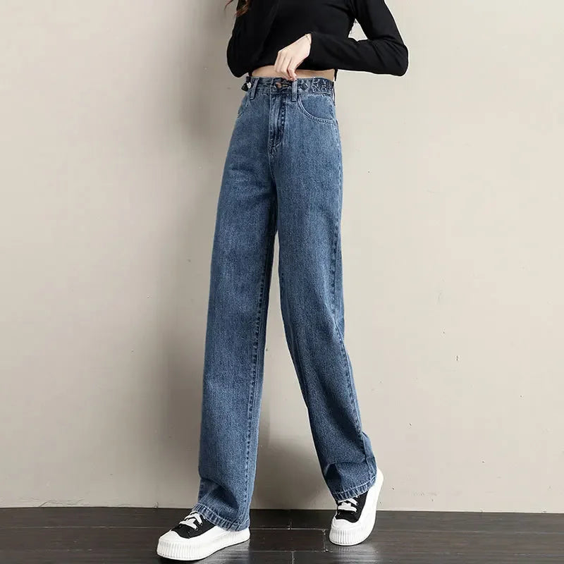 Pantalones vaqueros sueltos para mujer, diseño de cintura alta, entrepierna recta ajustable, pantalones de estilo Retro, tela de algodón, estilo informal cómodo