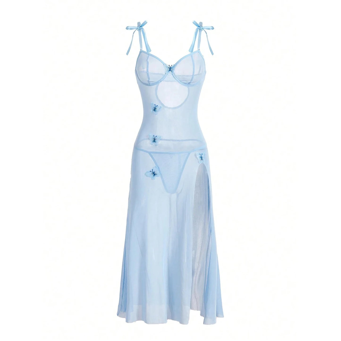 Lenceria Porn Sexy Tul Seductor Encaje Espalda Abierta y Abertura Alta Azul Claro LencerÃa Sexy Trajes De Mujer