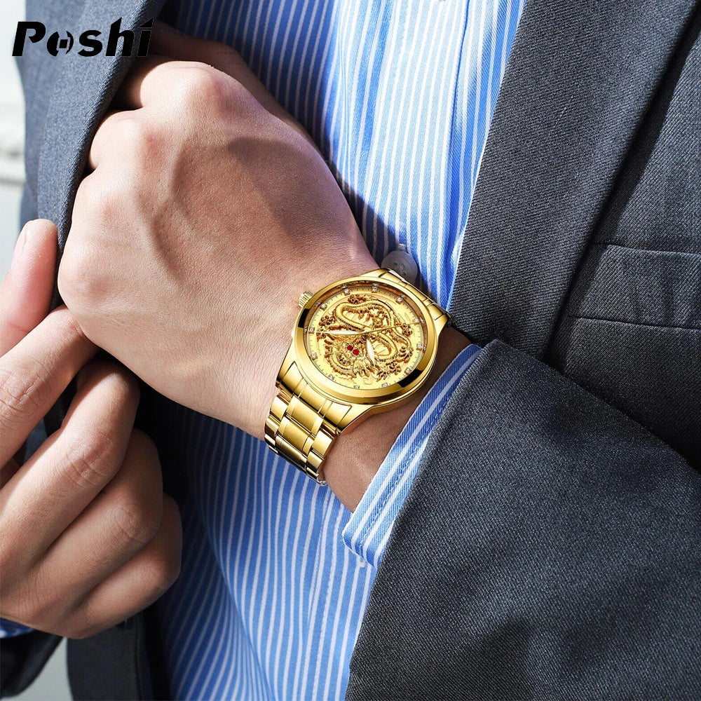 POSHI-reloj de cuarzo de acero inoxidable para hombre, cronógrafo de lujo con diseño Original de dragón dorado, resistente al agua