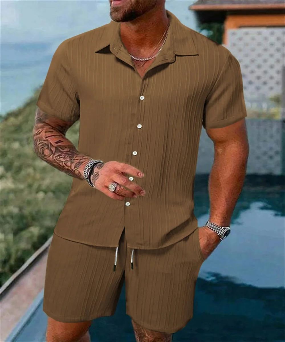 Pantalones cortos sueltos de manga corta para hombre, traje deportivo a rayas, Top informal de Fitness, pantalones cortos de playa, tendencia de moda de verano