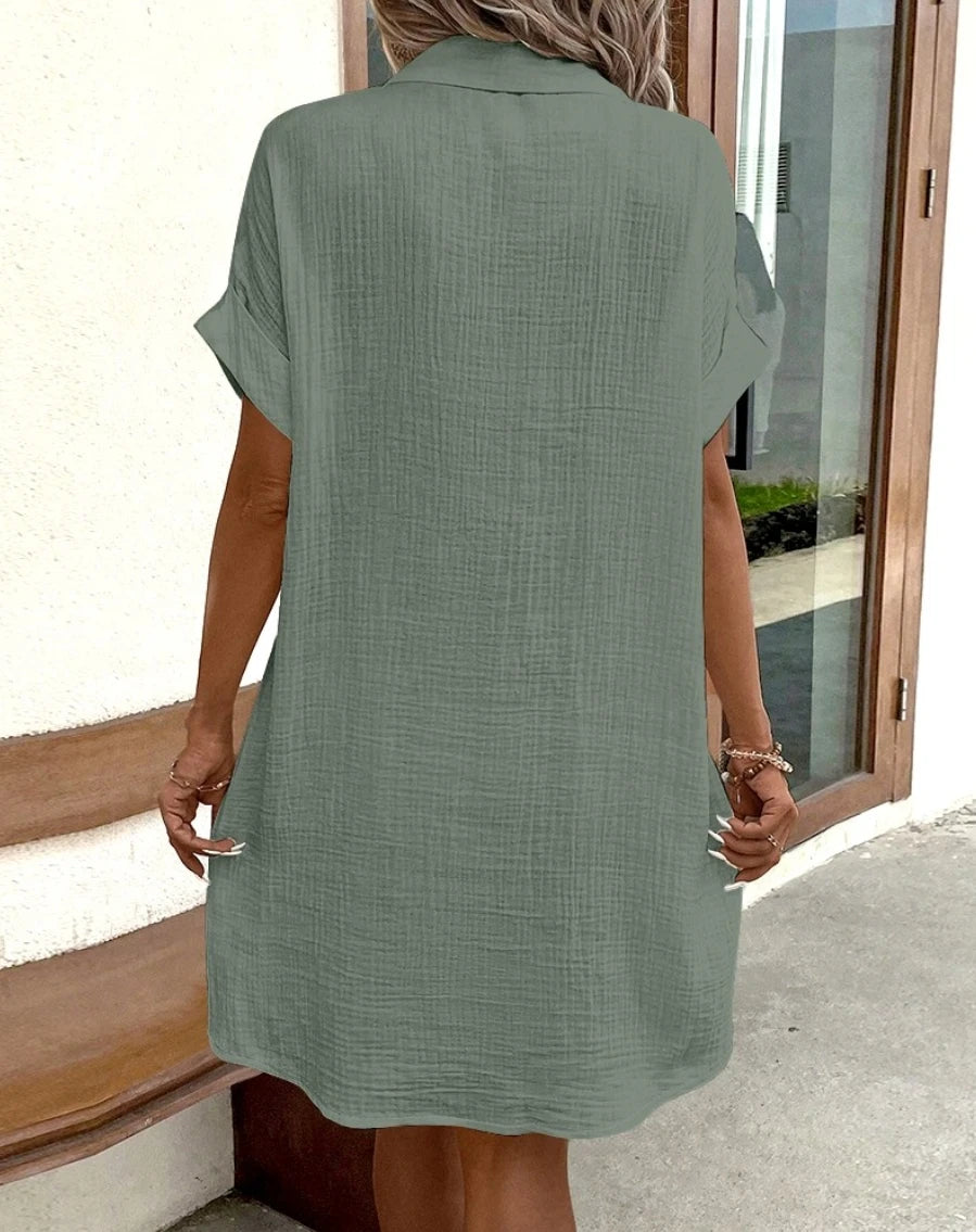 Minivestido Vintage liso para mujer, moda de verano con cuello en V, manga tres cuartos, vestido de lino y algodón, Vestidos informales para vacaciones
