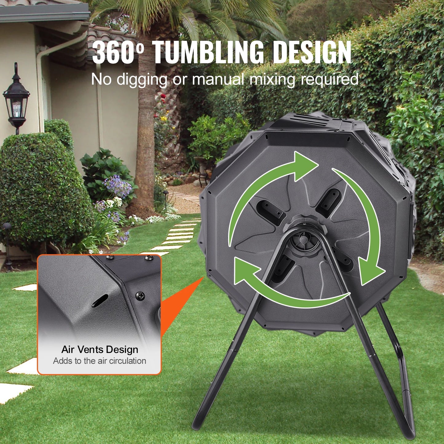 VEVOR Compostador Giratorio de Jardín 162,7 L Contenedor de Abono Giratorio de 360° Doble Cámara de PP Sin BPA Carga 50 kg para Compostaje de Residuos Orgánicos Cocina Jardinero Terraza Patio Exterior