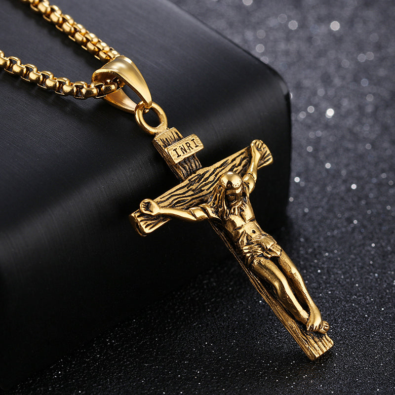 Collar religioso de acero inoxidable con cruz de Jesús para hombres, colgante de cruz de Color dorado y plateado con cadena, regalo de joyerÃa