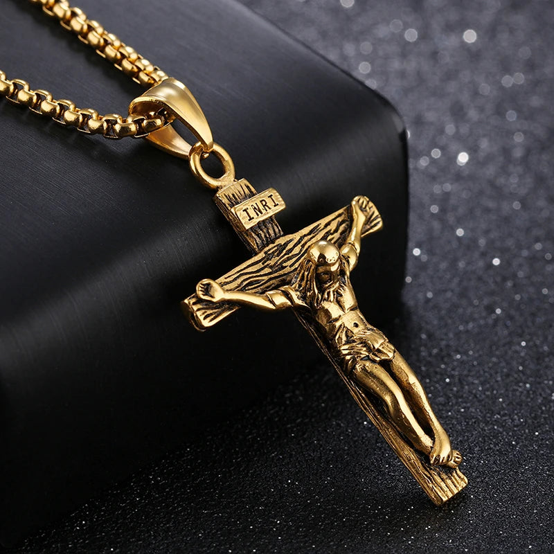 Collar religioso de acero inoxidable con cruz de Jesús para hombres, colgante de cruz de Color dorado y plateado con cadena, regalo de joyerÃa