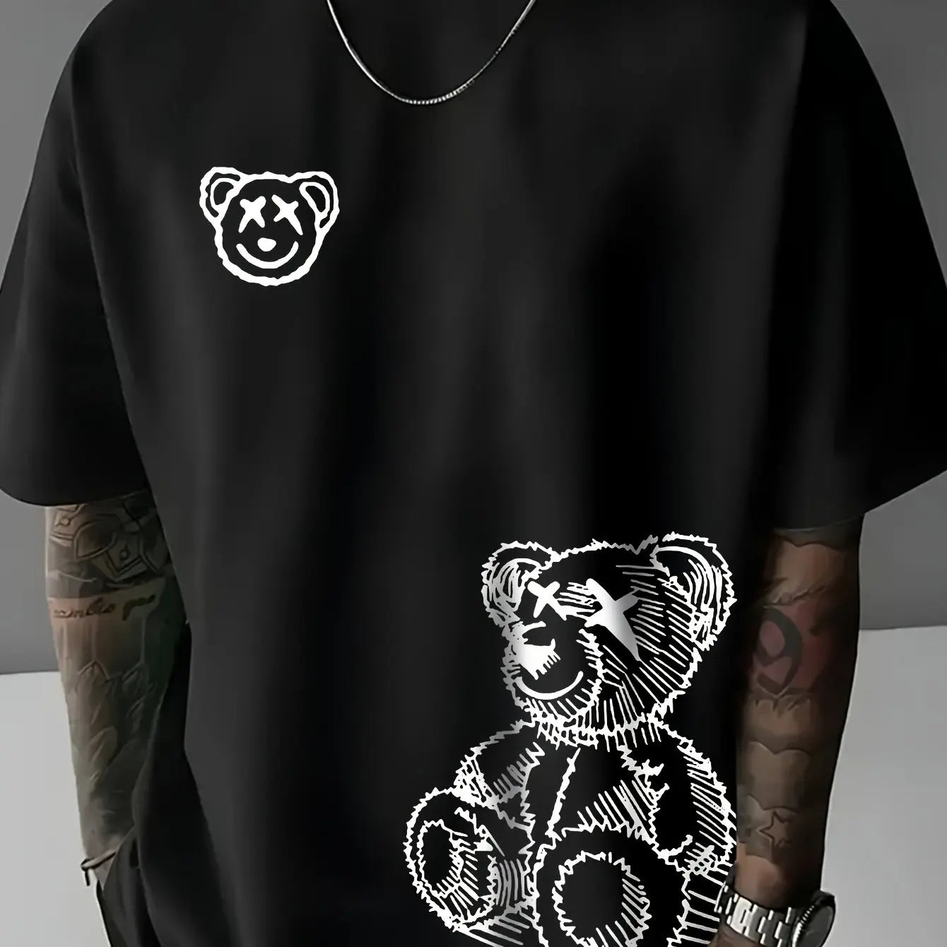 Camiseta deportiva informal de algodón puro 100% para hombre, camiseta holgada y a la moda con estampado de oso de dibujos animados, cuello redondo, manga corta, verano