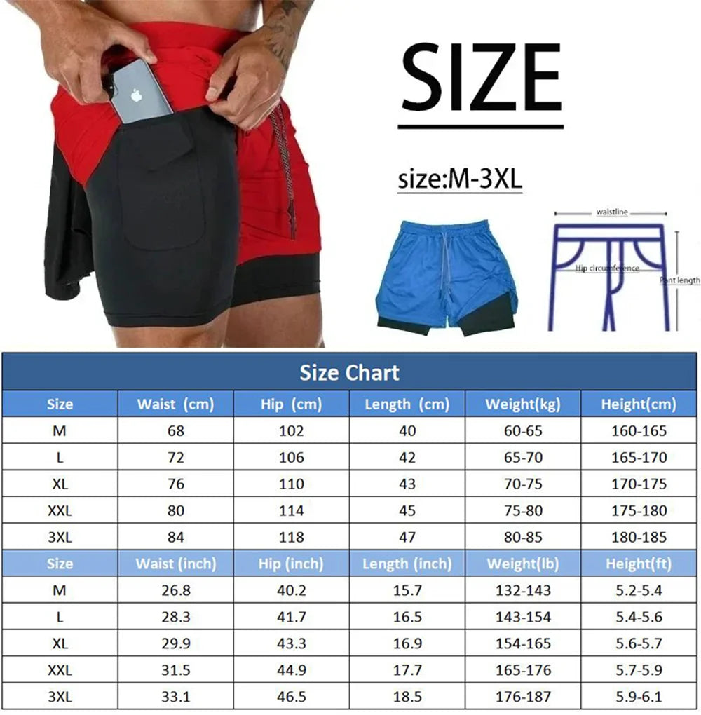 Pantalones cortos deportivos dos en uno para hombre, ropa deportiva transpirable e informal de secado rápido, de doble capa, para correr, M-3XL