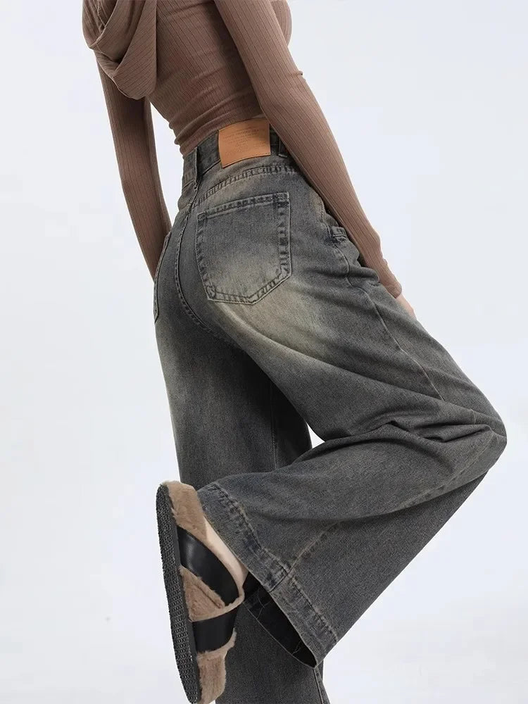 Nueva llegada otoño 2023 pantalones vaqueros de pierna ancha Vintage de cintura alta estilo americano para mujer pantalones vaqueros holgados informales de pierna recta
