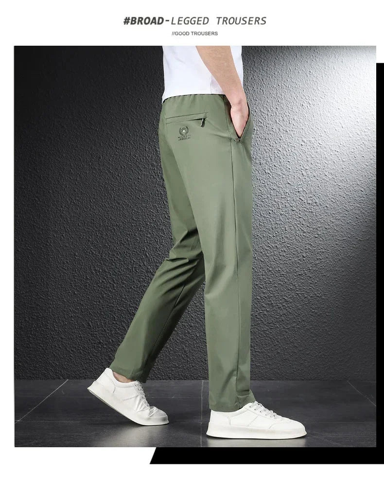 Pantalones informales finos de tela de seda de hielo suave para hombre, pantalón recto de estilo coreano, de alta elasticidad, marca de lujo, verano 2024