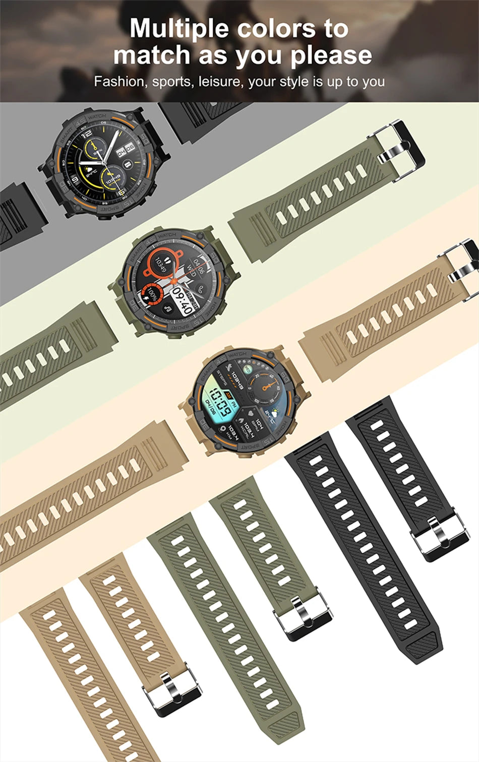 Reloj inteligente militar para hombre, dispositivo con pantalla HD de 360x360, linterna, control de la salud, resistente al agua, control del ritmo cardÃaco, llamadas BT, para Android e IOS