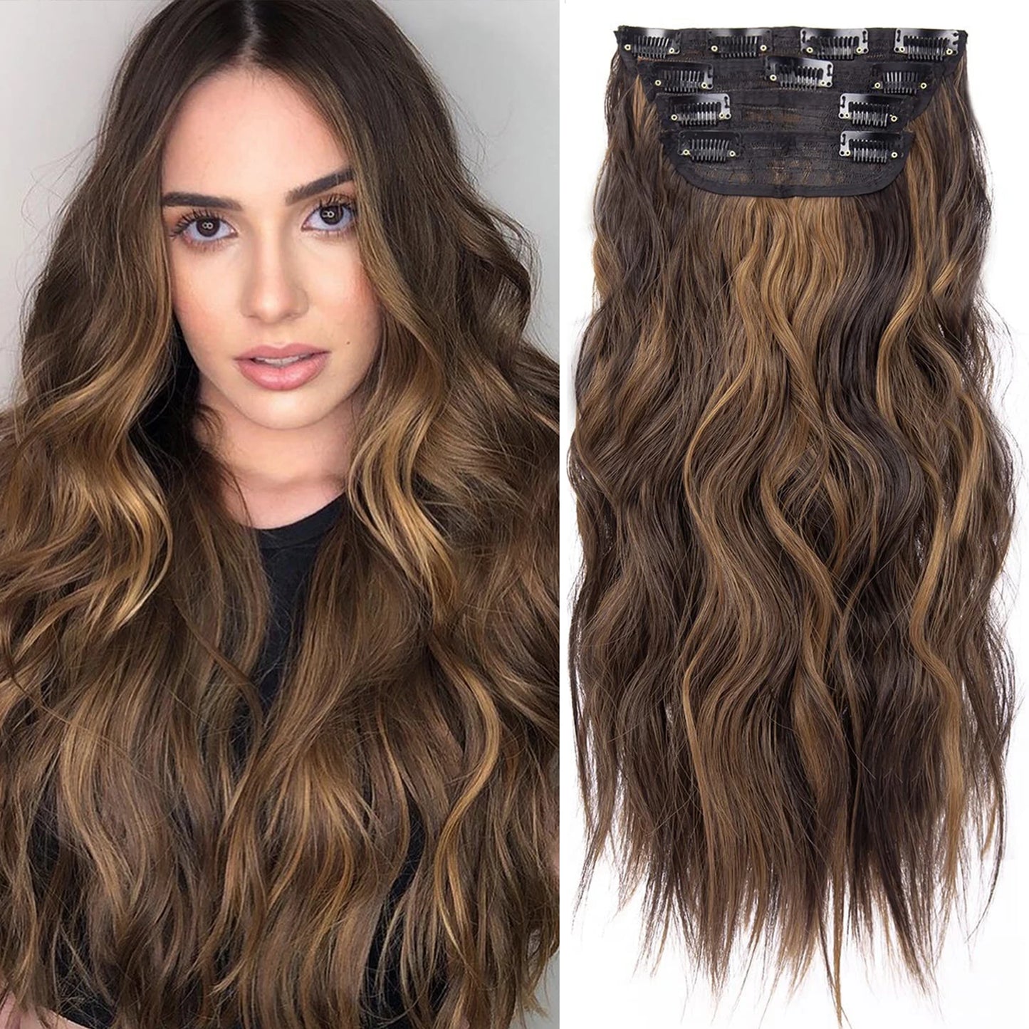 4 unids/set 20 pulgadas Clip de pelo sintético en postizos gruesos y largos ondulados para mujeres extensiones de cabello sintético de cabeza completa postizos ombré