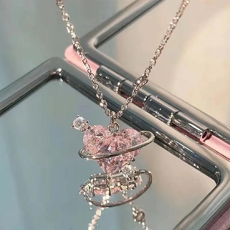 Collares con colgante de circonio y corazón de planeta rosa Y2K para mujer, collar de cadena de clavÃcula estética a la moda, regalo del DÃa de San ValentÃn, joyerÃa para fiesta