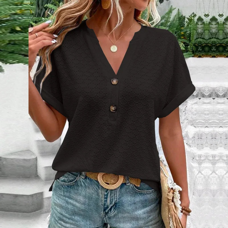 Blusas informales de Jacquard con botones y cuello en V para mujer, camisas holgadas lisas, Tops de manga corta de gran tamaño para mujer 2023