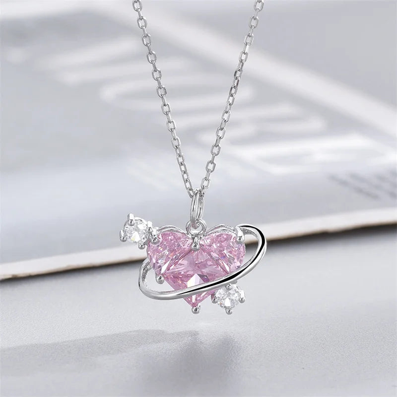 Collares con colgante de circonio y corazón de planeta rosa Y2K para mujer, collar de cadena de clavÃcula estética a la moda, regalo del DÃa de San ValentÃn, joyerÃa para fiesta
