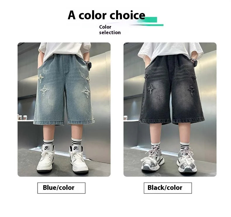 Boy Star Jeans 2025 Verano Nuevo Producto Moda Niños Denim Pantalones medios Pantalones cortos casuales para niños 5-15 años