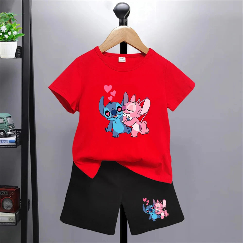 Camiseta de punto de Disney con dibujos animados de verano para niñas, camisetas rojas y rosas para niños, ropa superior, camisetas de moda para niños, conjunto de pantalones cortos para niños de 3 a 12 años