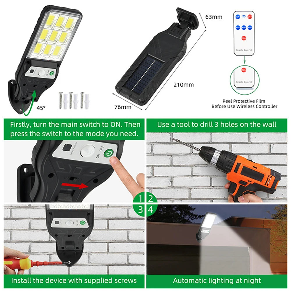 Lámpara Solar de pared con Sensor de movimiento para exteriores, modo de iluminación, 9 rejillas, Cob, iluminación de camino de patio y jardÃÂn