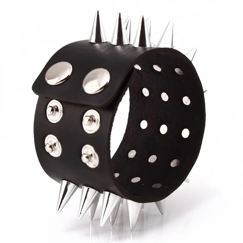 Tres filas Cuspidal Spikes remache Stud puño ancho cuero Punk gótico Rock Unisex brazalete pulsera hombres joyerÃÂa