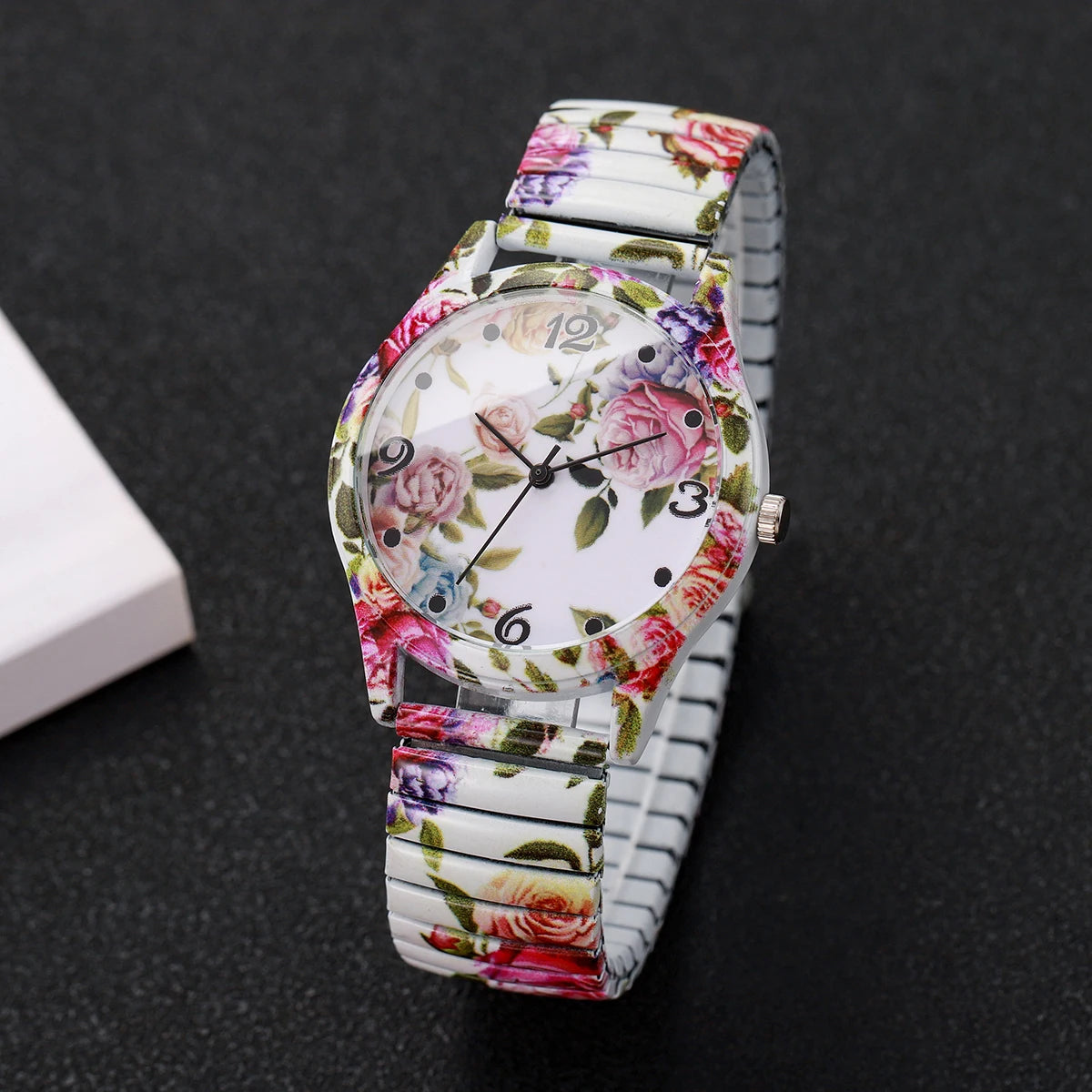 2/3 Uds. Conjunto de relojes de pulsera de cuarzo con estampado de flores a la moda para mujer, reloj con esfera árabe con correa elástica informal para mujer (sin caja)