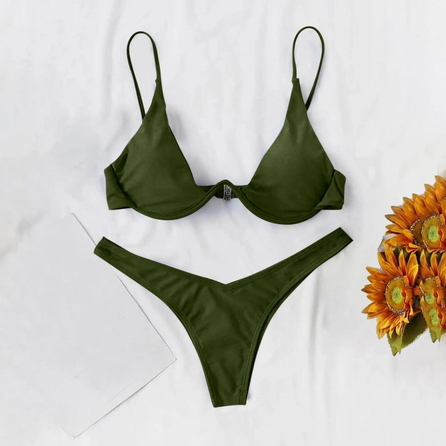 Bikini Sexy con aros para Mujer, traje de baño rojo liso con sujetador de realce, Tanga, traje de baño con cuello Halter y cuello de pico, Mini microtanga 2024