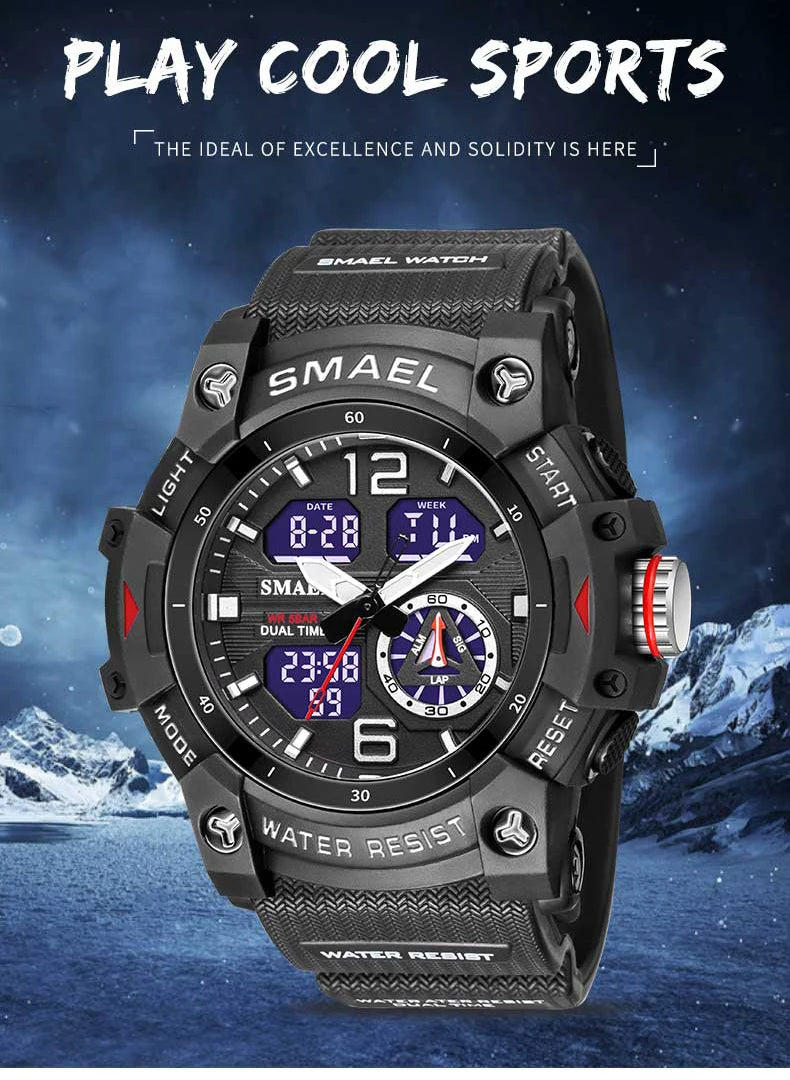 SMAEL-reloj deportivo militar para hombre, cronómetro con alarma, luz trasera Digital LED, pantalla de hora Dual, resistente al agua, 8007