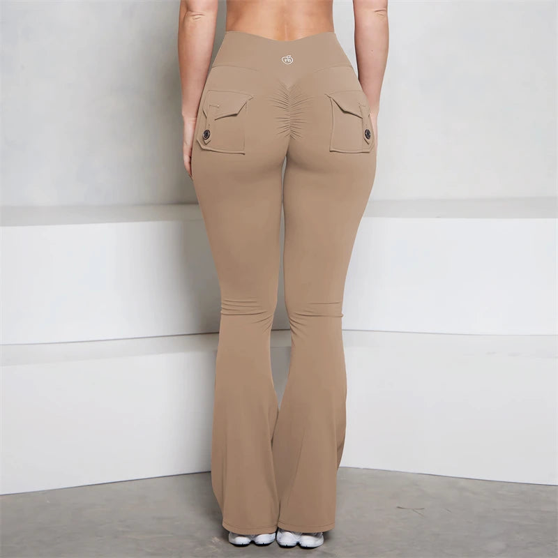 BUM gris bolsillo acampanado Scrunch Butt pantalones PB mujeres ajustado Sexy pantalones de cintura alta Push Up deporte Fitness Flare Leggings