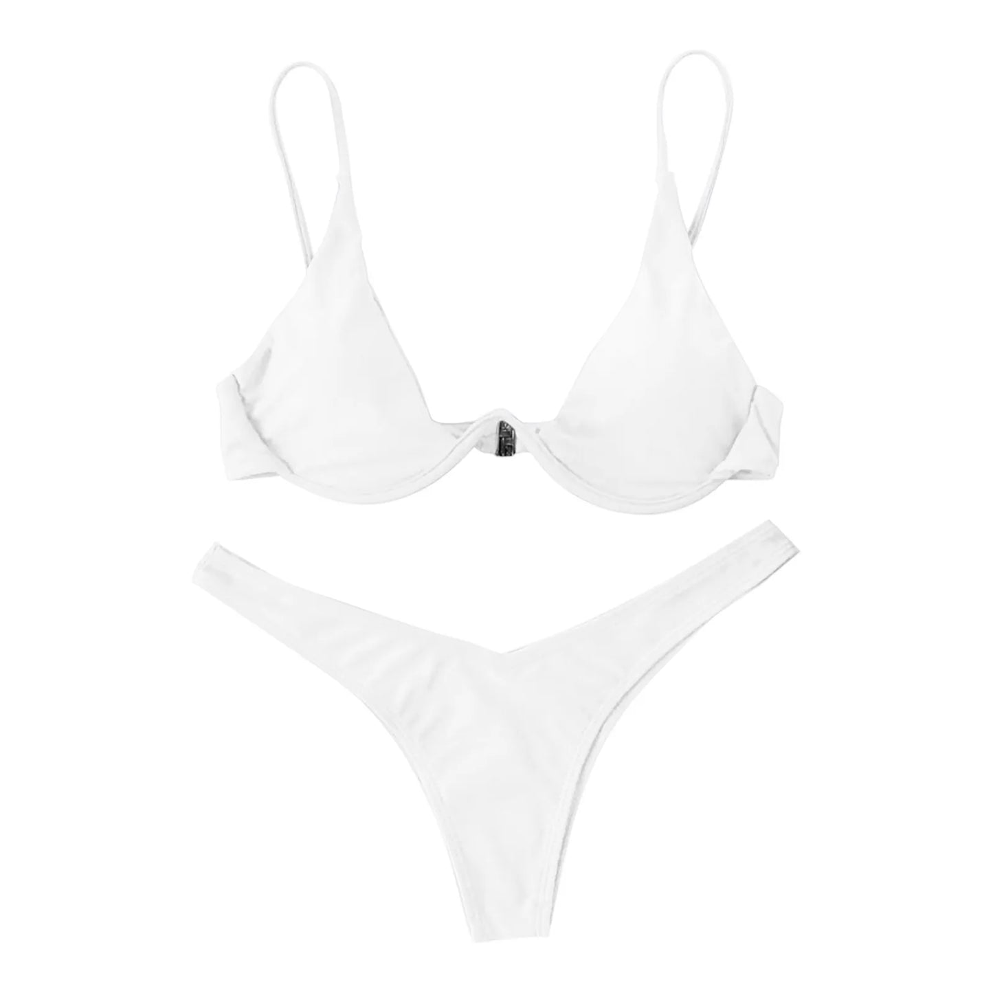Bikini Sexy con aros para Mujer, traje de baño rojo liso con sujetador de realce, Tanga, traje de baño con cuello Halter y cuello de pico, Mini microtanga 2024