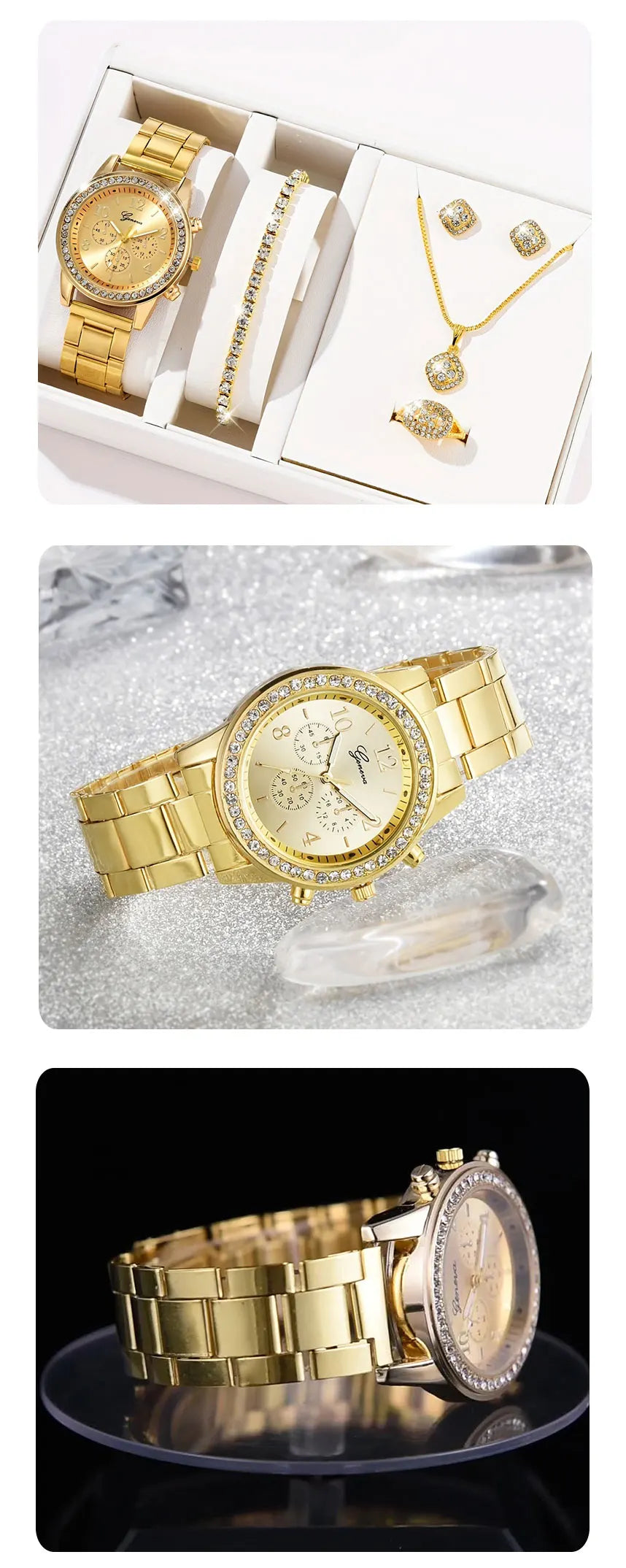 Juego de 5 piezas de reloj de oro para mujer, anillo de lujo, collar, pendientes, diamantes de imitación, reloj de pulsera de moda, relojes casuales para mujer, conjunto de pulsera