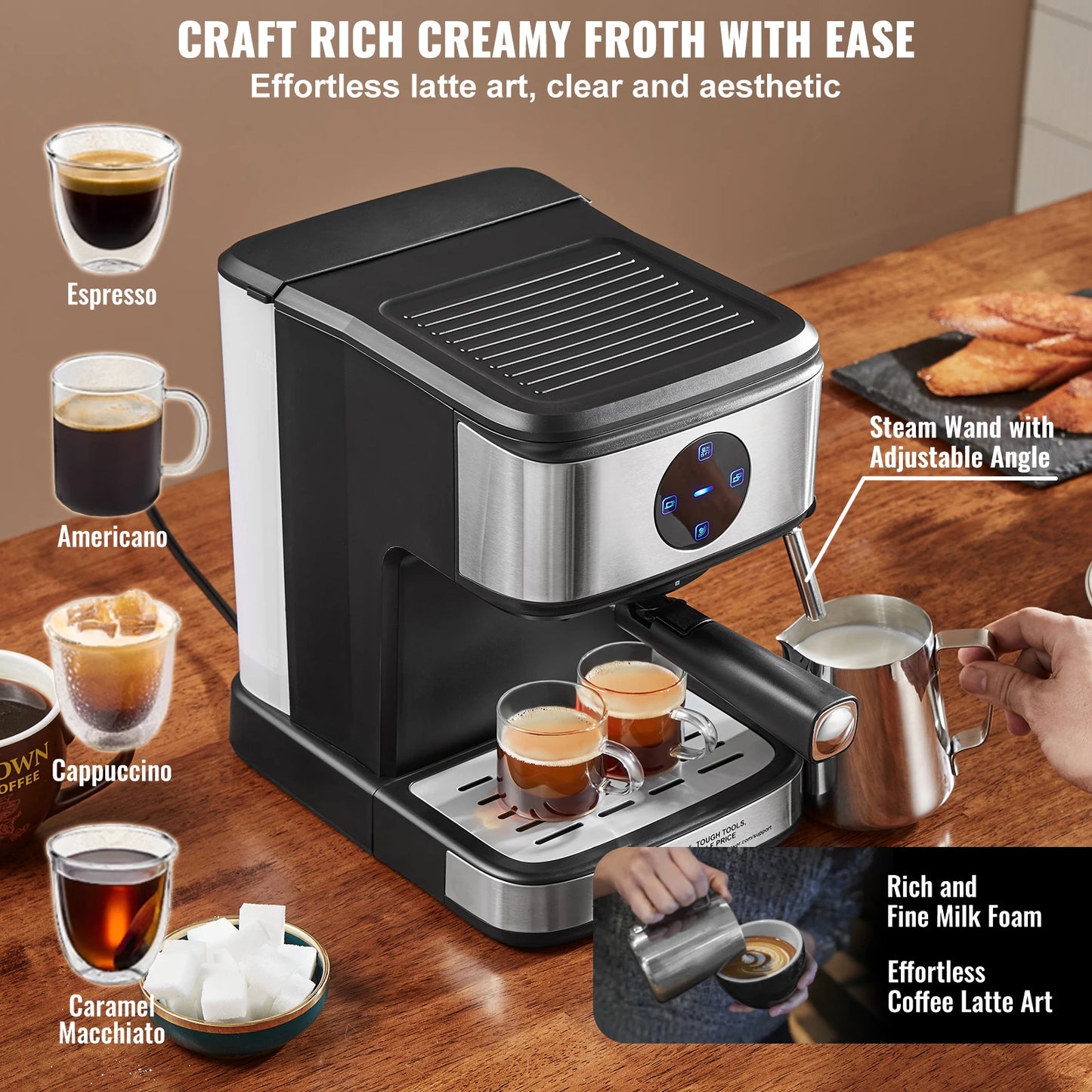 VEVOR-máquina de café y Espresso con Espumador de leche, máquina de café semiautomática profesional, varita de vapor, 15 Bar