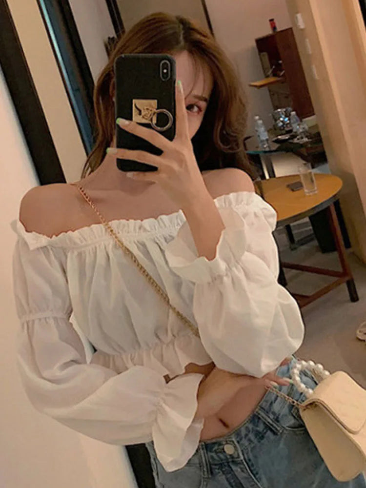 Top Sexy para mujer, blusa con hombros descubiertos, Top de manga larga de Color sólido, camisa blanca, manga abombada, Túnica con volantes, Top corto de tubo de verano