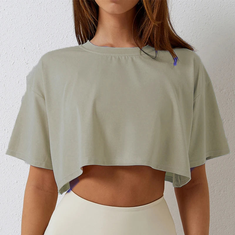 Ropa de algodón de manga corta para mujer, ropa para correr y bailar, Top corto para Yoga y Fitness, Camiseta deportiva holgada para el ombligo, camisetas de entrenamiento para gimnasio
