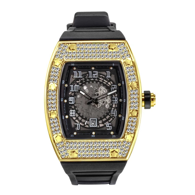 MISSFOX, nuevos relojes de pulsera para hombre, correa de goma Tonneau, reloj de cuarzo resistente al agua para hombre, relojes huecos de oro clásicos únicos para hombre, regalos