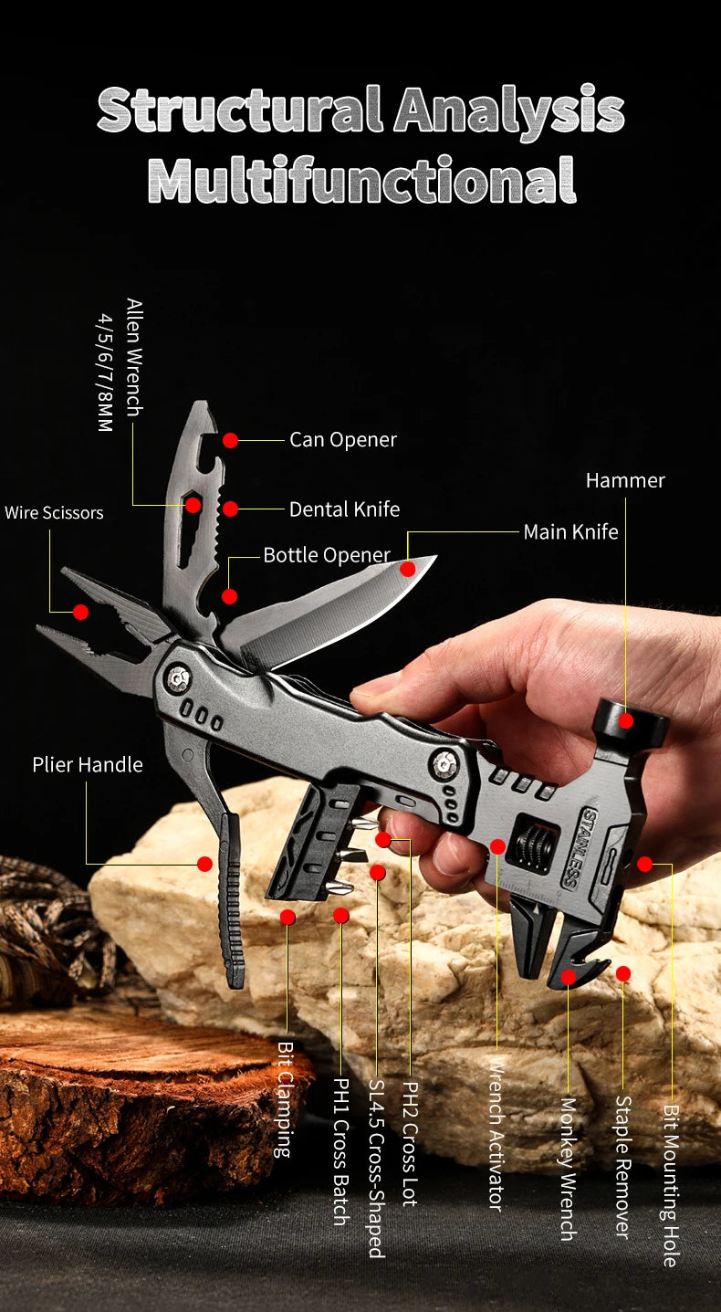Nueva llave multifuncional, martillo, cuchillo, alicates, herramienta de supervivencia para acampar al aire libre, herramienta de ahorro de trabajo, cuchillo multiherramienta de acero inoxidable