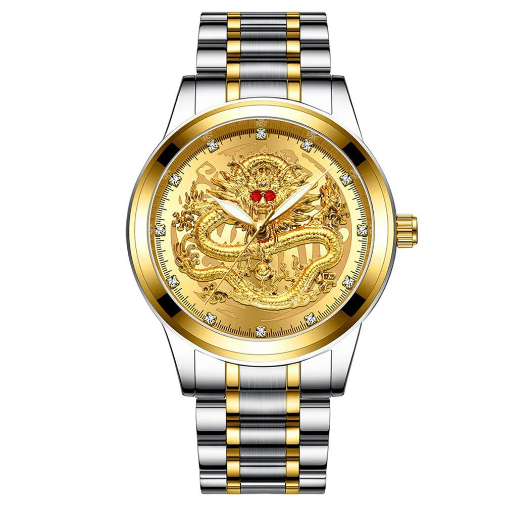 POSHI-reloj de cuarzo de acero inoxidable para hombre, cronógrafo de lujo con diseño Original de dragón dorado, resistente al agua