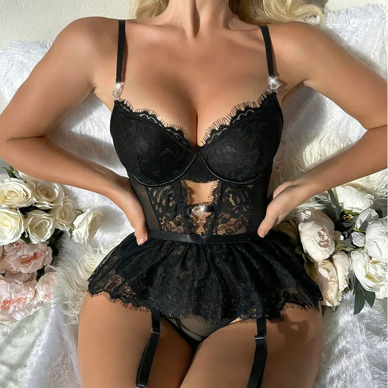 Conjunto de sujetador Floral exótico de encaje transparente, lencerÃa Sexy para mujer, ropa Sexual Porno transparente, picardÃas, vestido de peluche, camisones más sexys